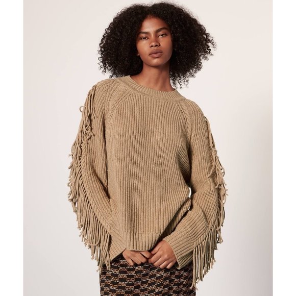 Annie Wear Fringe Tassel Round Neck Loose Fit Sweater Womens XL Camel Knit NEW - Picture 1 of 10